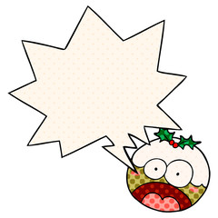cartoon christmas pudding and shocked face and speech bubble in comic book style