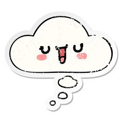 happy cartoon face and thought bubble as a distressed worn sticker