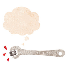 cartoon spanner turning nut and thought bubble in retro textured style