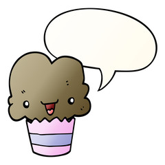 cartoon cupcake and face and speech bubble in smooth gradient style