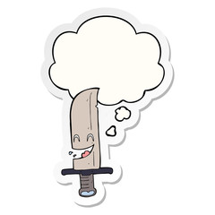 cartoon laughing knife and thought bubble as a printed sticker
