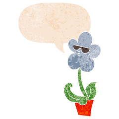 cool cartoon flower and speech bubble in retro textured style