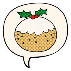cartoon christmas pudding and speech bubble in comic book style