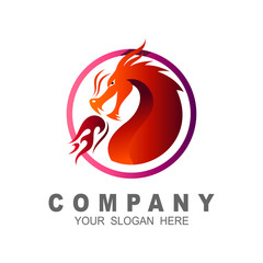 Fototapeta premium Dragon head vector logo , dragon logo with circle and fire