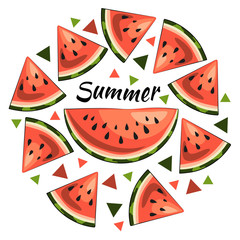 Bright summer vector illustration: juicy watermelon slices, summer inscription, triangles. Clipart in red and green colors on a white background. Image for your decor and design. T-shirt printing.