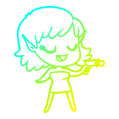 cold gradient line drawing happy cartoon space girl with ray gun