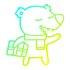 cold gradient line drawing cartoon bear with present