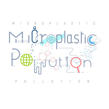 Microplastic pollution typographic design. Pictorial symbol. Types of plastic fragment less than 5 mm. causing pollution presented in pictorial form. Vector illustration outline flat design style.