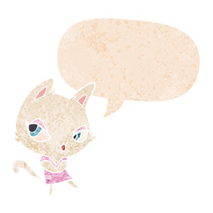 cartoon female cat and speech bubble in retro textured style