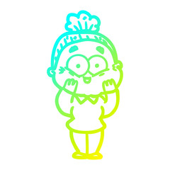 cold gradient line drawing cartoon happy old woman