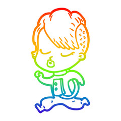 rainbow gradient line drawing cartoon pretty hipster girl