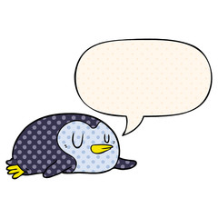 cartoon penguin and speech bubble in comic book style