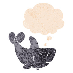 cartoon shark and thought bubble in retro textured style