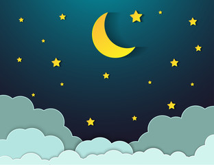Obraz na płótnie Canvas paper art style.Vector of a crescent moon with stars on a cloudy night sky. Moon and stars background.