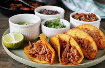 tacos with pork long languor and different sauces, salsa, guacamole, ketchup, cilantro. fried tortilla cakes