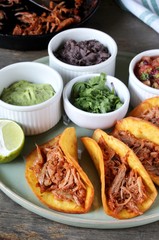 tacos with pork long languor and different sauces, salsa, guacamole, ketchup, cilantro. fried tortilla cakes