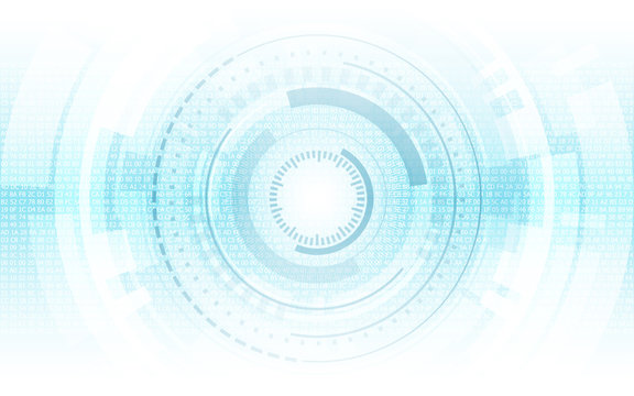 abstract blue technology circles and binary code on white color background