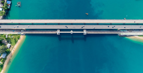 Aerial top view drone shot of bridge with cars on bridge road image transportation background concept
