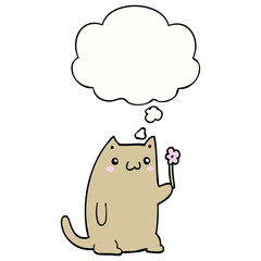 cute cartoon cat with flower and thought bubble