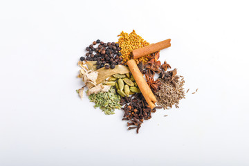 Various spices ( cumin, coriander, curry, paprika, chili, turmeric cinnamon, fenugreek, cardamom, basil leaf, parsley, cloves )  in  spoons on white background. Top view with copy space.