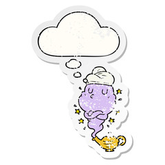 cartoon genie and thought bubble as a distressed worn sticker