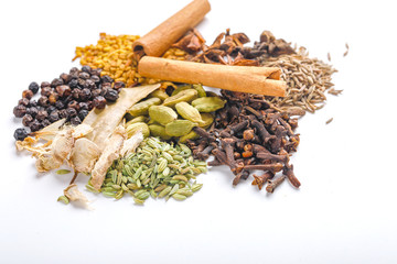 Various spices ( cumin, coriander, curry, paprika, chili, turmeric cinnamon, fenugreek, cardamom, basil leaf, parsley, cloves )  in  spoons on white background. Top view with copy space.