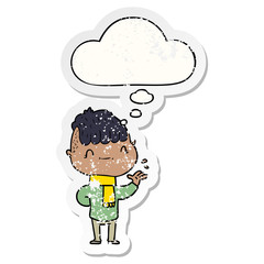 cartoon friendly boy and thought bubble as a distressed worn sticker