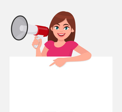 Young woman holding a megaphone or loudspeaker in hand. Girl showing or pointing blank white poster or banner for copy space text. Female character design illustration. Modern lifestyle concept.