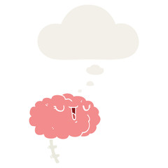 happy cartoon brain and thought bubble in retro style