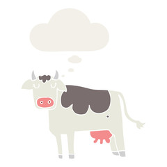 cartoon cow and thought bubble in retro style