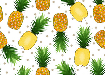 Pineapple seamless pattern on white background. Summer background. Ananas fruits vector illustration.