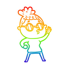 rainbow gradient line drawing cartoon woman wearing glasses