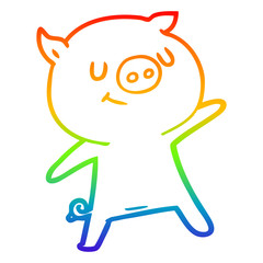 rainbow gradient line drawing happy cartoon pig waving