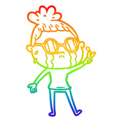 rainbow gradient line drawing cartoon crying woman wearing spectacles