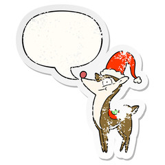 cartoon christmas reindeer and speech bubble distressed sticker