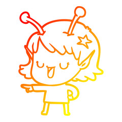 warm gradient line drawing happy alien girl cartoon