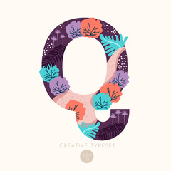 Uppercase alphabet letters with bushes, leaves and botanical elements isolated on background : Vector Illustration