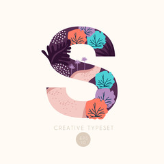 Uppercase alphabet letters with bushes, leaves and botanical elements isolated on background : Vector Illustration