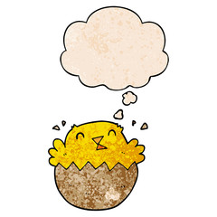 cartoon hatching chick and thought bubble in grunge texture pattern style