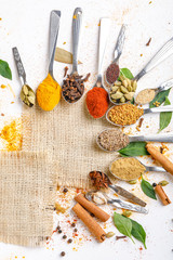 Various spices ( cumin, coriander, curry, paprika, chili, turmeric cinnamon, fenugreek, cardamom, basil leaf, parsley, cloves )  in  spoons on white background. Top view with copy space.