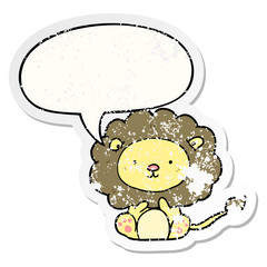 cute cartoon lion and speech bubble distressed sticker