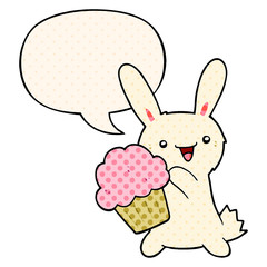 cute cartoon rabbit and muffin and speech bubble in comic book style