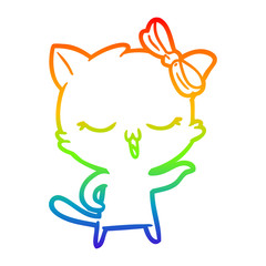 rainbow gradient line drawing cartoon cat with bow on head
