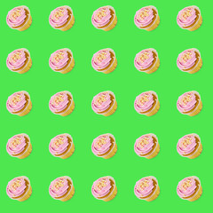 Pattern of a large number of cupcakes with pink cream on a green background. Minimalism.