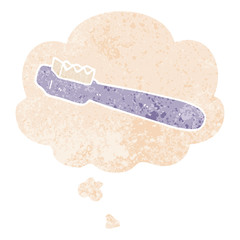 cartoon toothbrush and thought bubble in retro textured style
