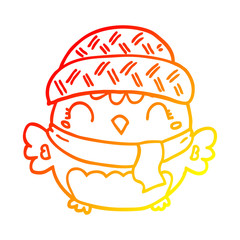 warm gradient line drawing cute cartoon owl in hat