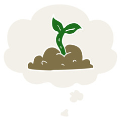 cartoon growing seedling and thought bubble in retro style