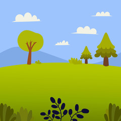 Nature landscape with grass, trees , hill and montain.Meadow and sky background in flat design.Summer green field vector.