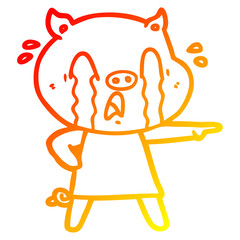 warm gradient line drawing crying pig cartoon wearing human clothes