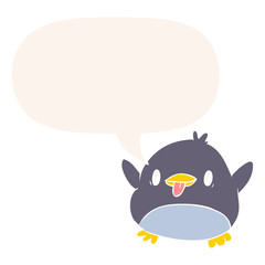 cute cartoon penguin and speech bubble in retro style